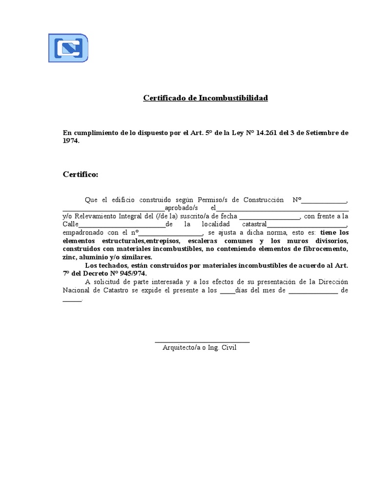 Certificado de Incombustibilidad Ley 14261 | PDF