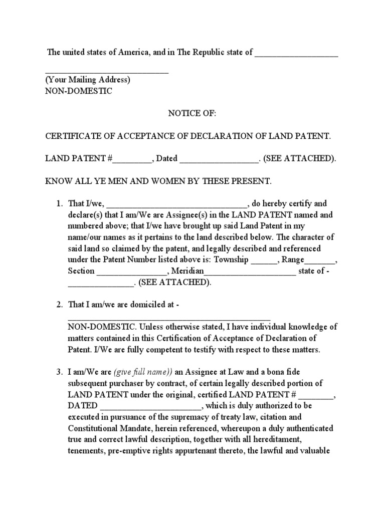 Notice of Certificate of Acceptance of Declaration of Land Patent PDF