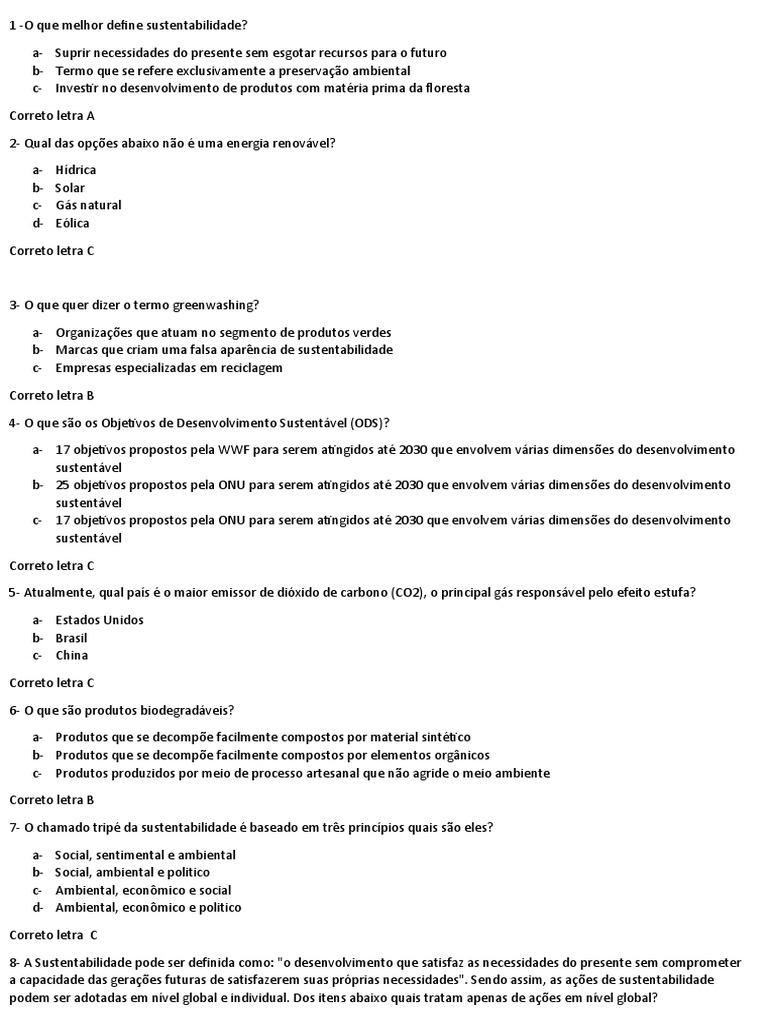 Provas e Quiz - Meio Ambiente e Sustentabilidade