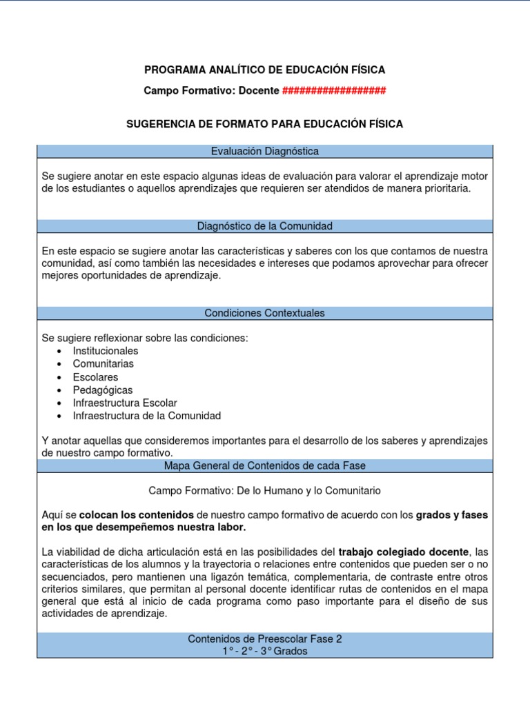 Programa Analítico De Educación Física Preescolar Pdf Maestros