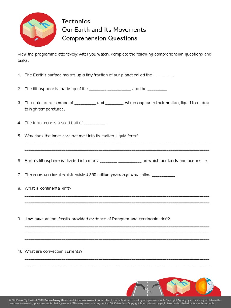 Our Earth and Its Movements Comprehension Questions Tectonics PDF