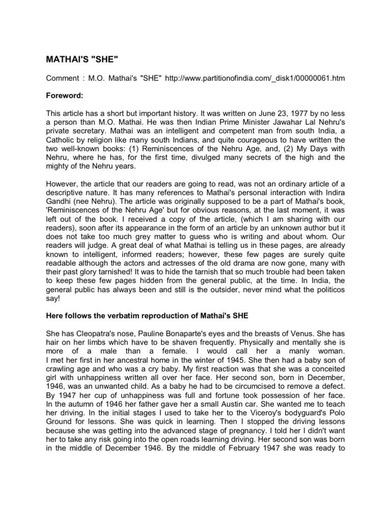 Mathai's Relationship with Indira Gandhi | PDF | Jawaharlal Nehru | Love