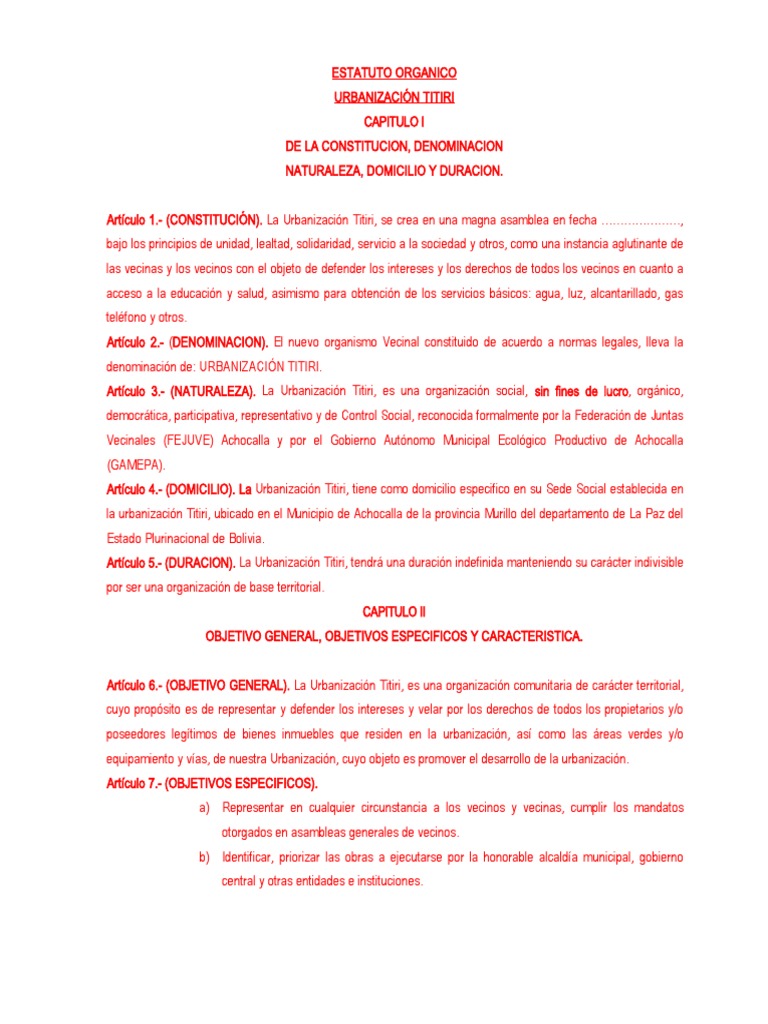 Estatuto Orgánico Urbanización Titiri | PDF