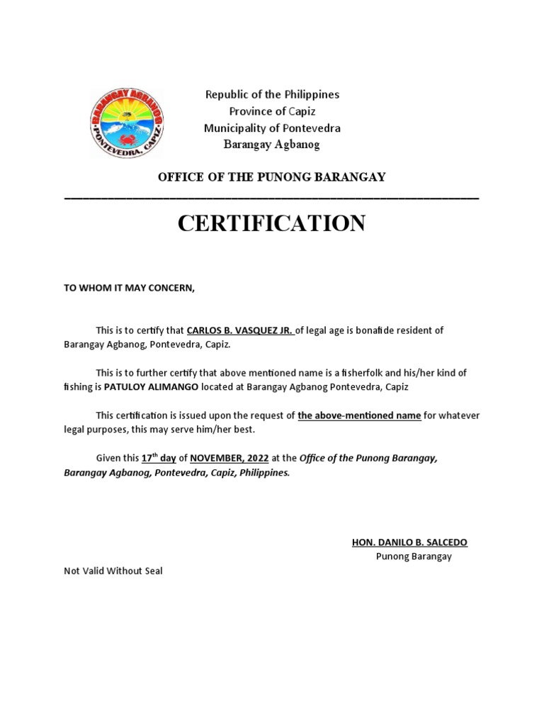 Certification For Fisherfolks PDF