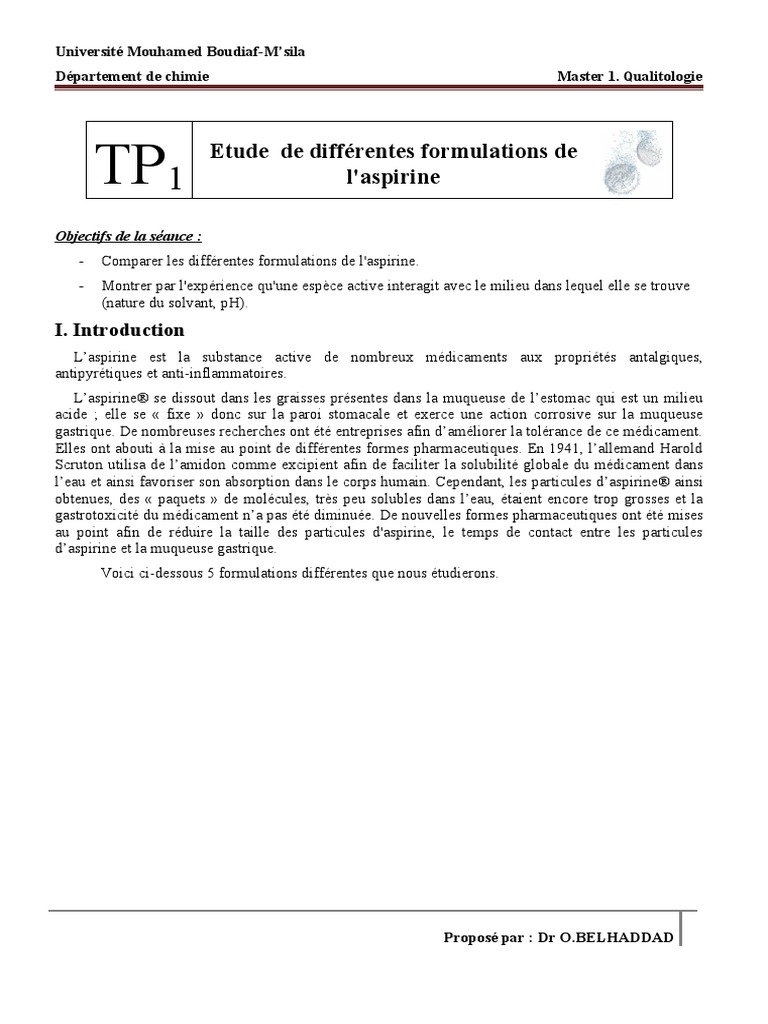 Etude de Différentes Formulations de L'aspirine Objectifs de La Séance