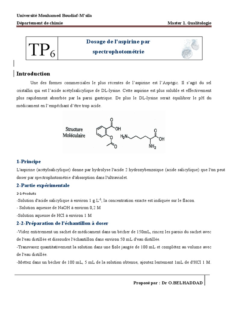 Dosage de l'aspirine par spectrophotométrie PDF Aspirine Acide — free download
