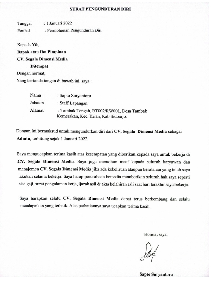 Surat Pengunduran Diri Sapto | PDF