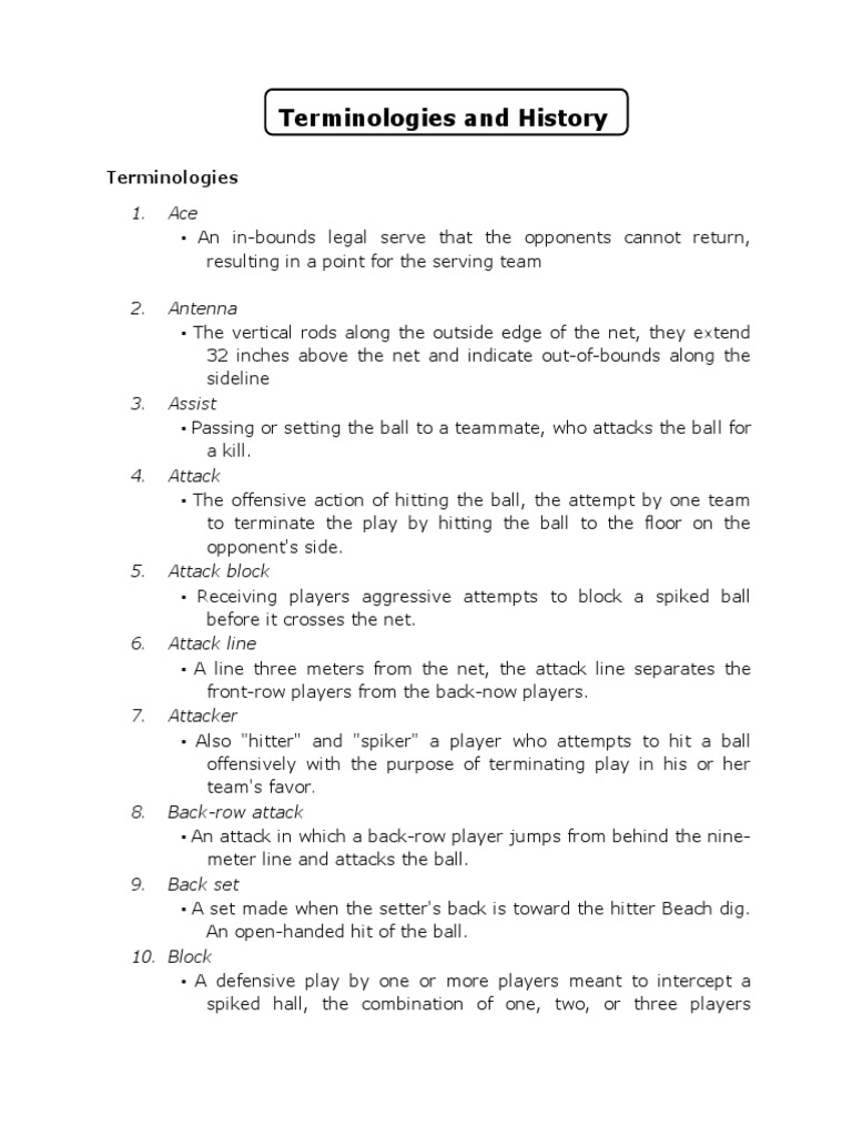 Terminologies And History Volleybal Pdf Volleyball Baseball Field