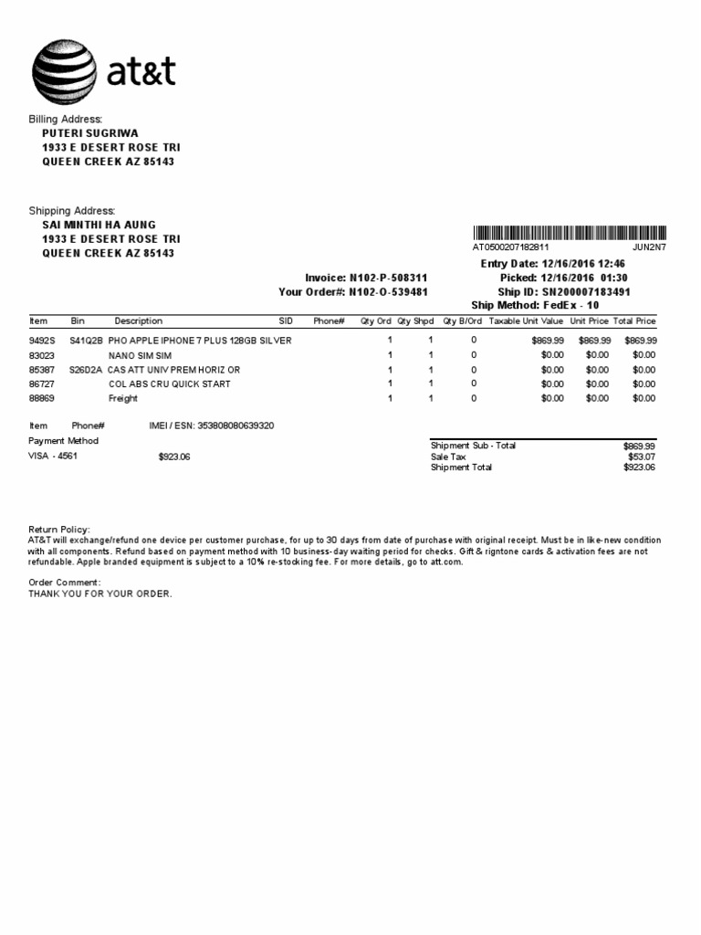 Billing Address Phone Qty Ord Qty SHPD Qty B/Ord Taxable Unit Value