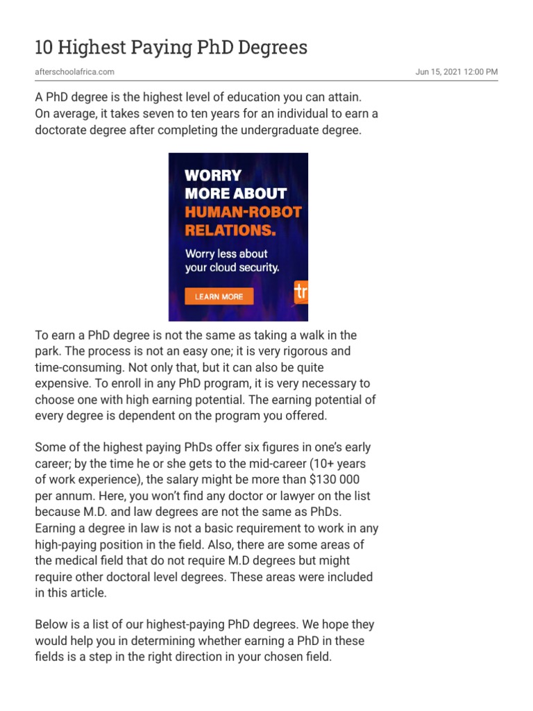 Top 10 Highest Paying PhD Degrees | PDF | Psychology | Psychologist