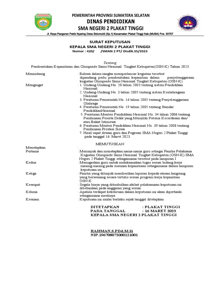 SK Panitia OSN-K SMA Negeri 2 PT 2023 | PDF