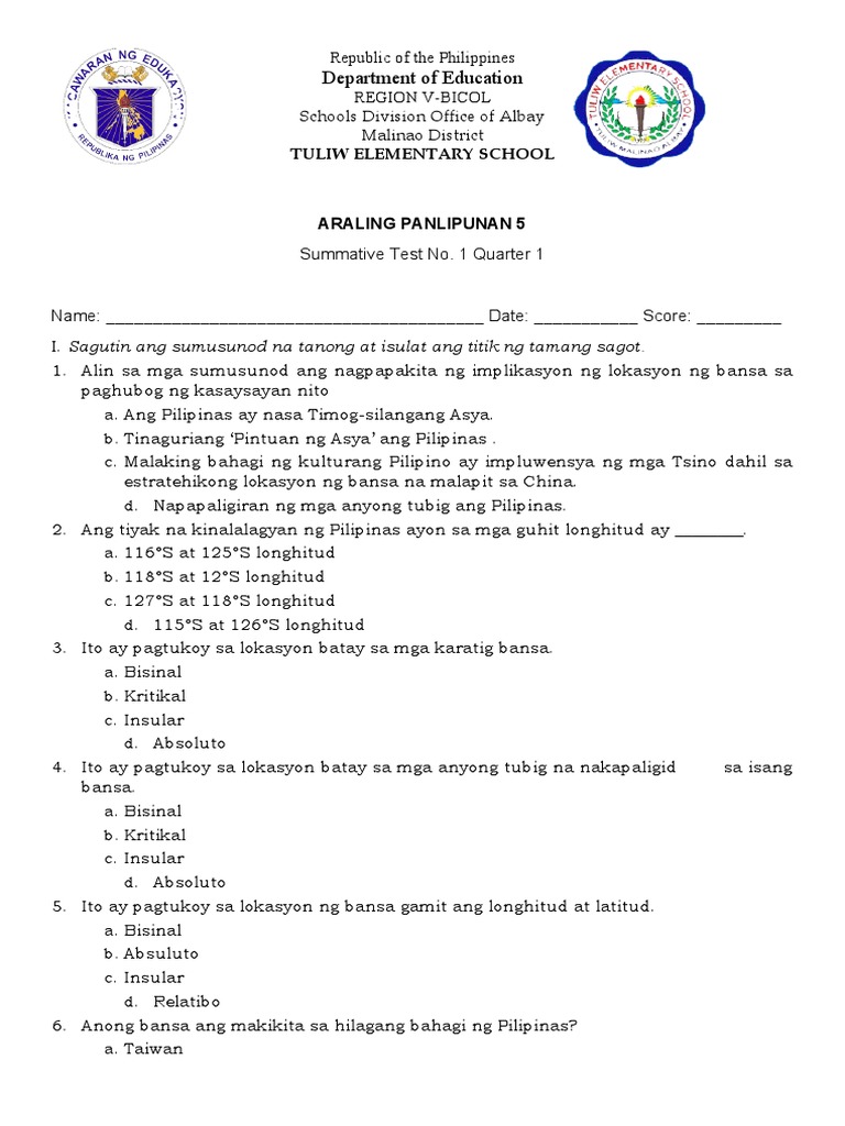 Grade 5 Summative Test in AP Modules 1-3 | PDF