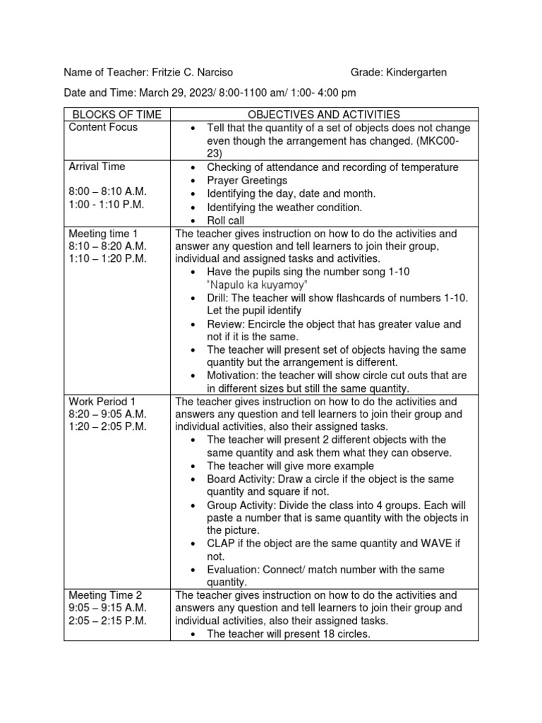 Kindergarten Lesson Plan Overview | PDF | Cognition | Learning