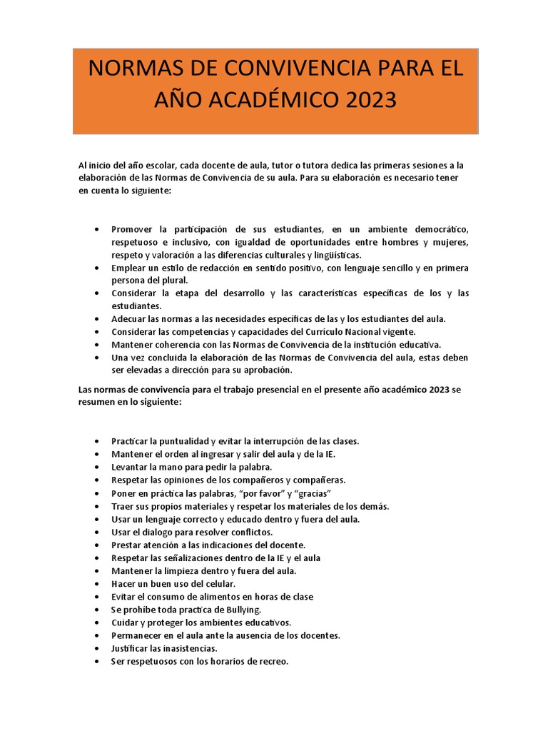 Normas de Convivencia 2023 en Aula | PDF | Crecimiento personal y ...