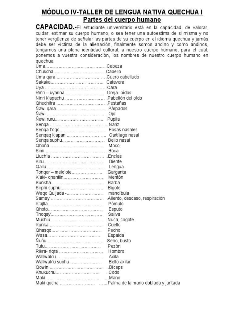 Módulo Iv - Partes Del Cuerpo Humano-Taller de Lengua Nativa Quechua I