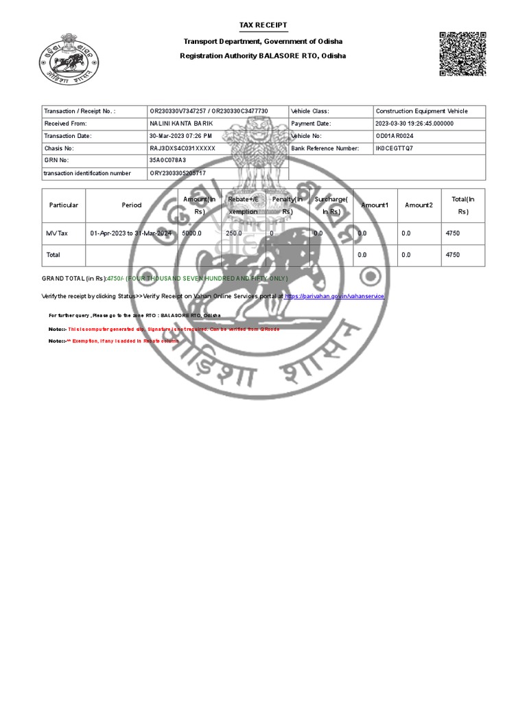 Tax Receipt Transport Department, Government of Odisha Registration