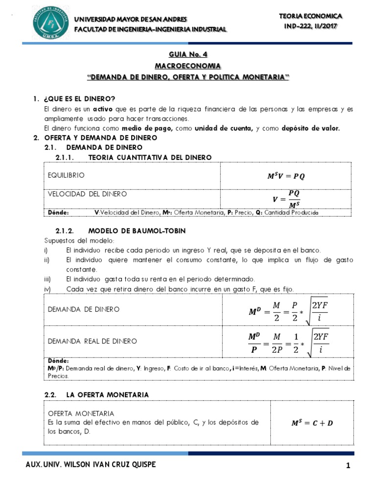 GUIA No.4-OFERTA Y DEMANDA DE DINERO | PDF | Oferta de dinero | La ...
