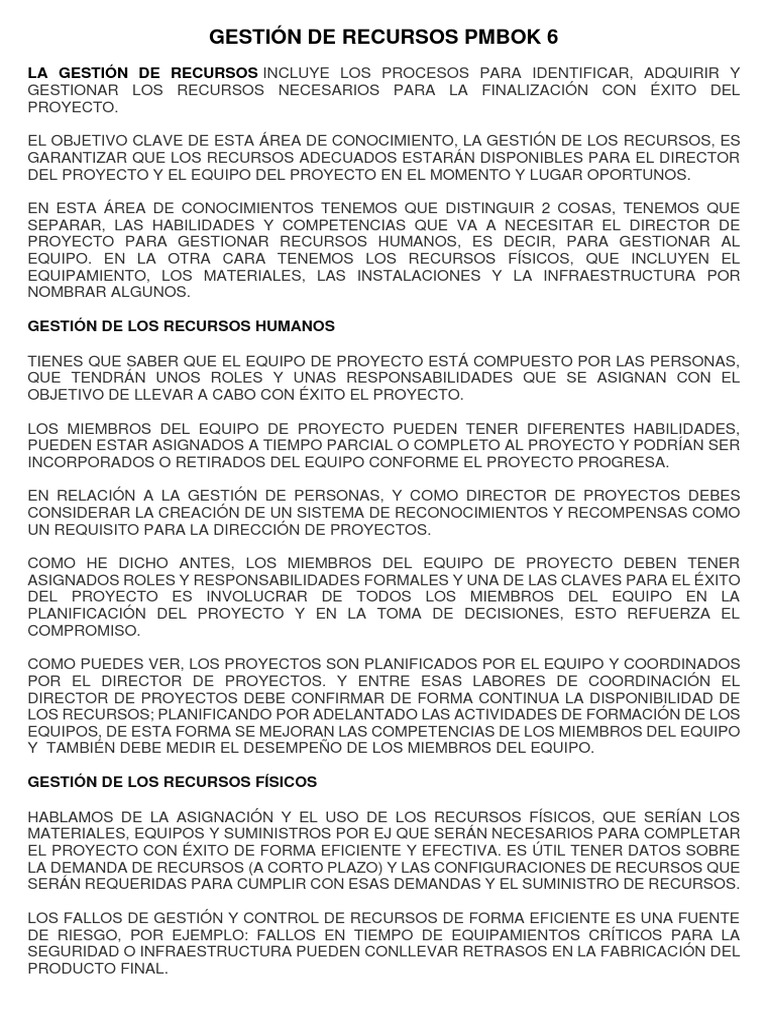 Gestión de Recursos en Proyectos PMBOK | PDF | Planificación | Gestión ...