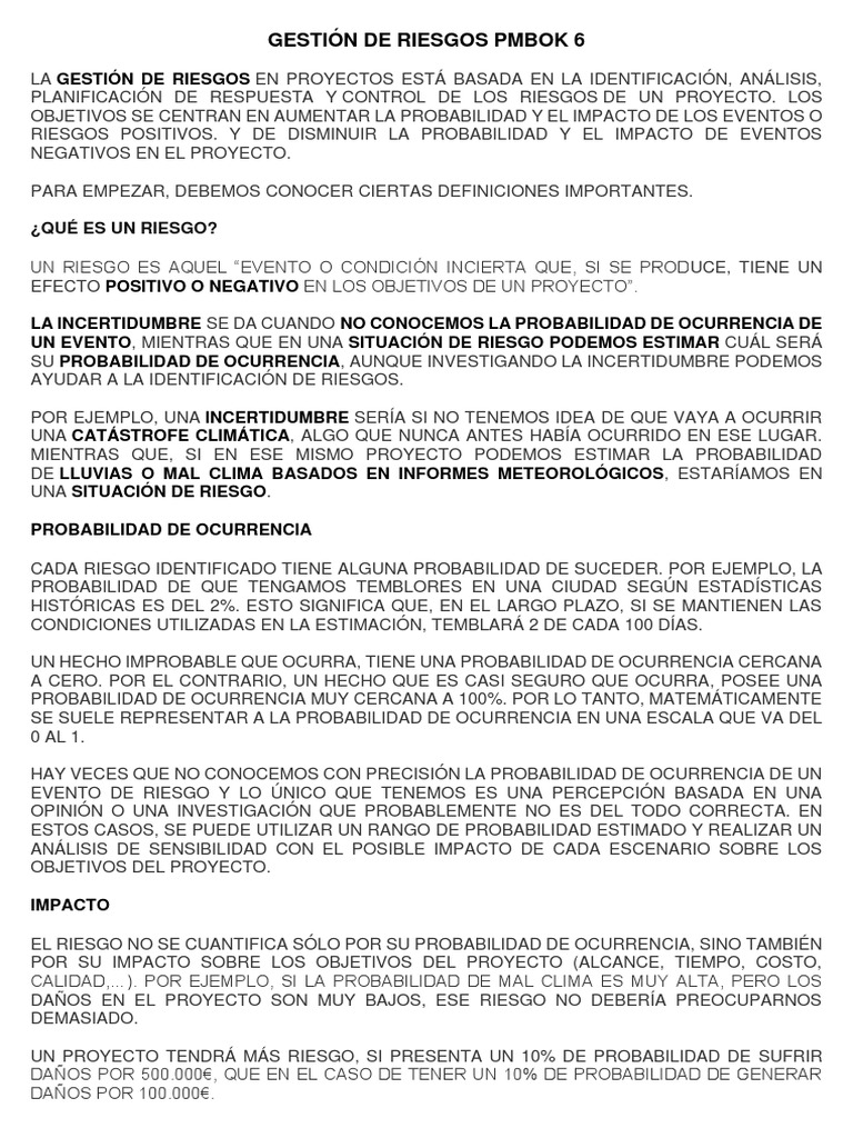 Gestión de Riesgos según PMBOK 6 | PDF | Riesgo | Probabilidad