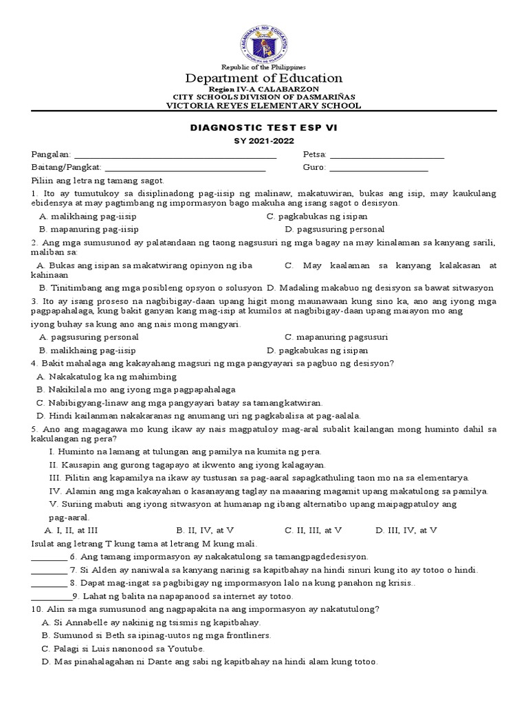 ESP Diagnostic Test 3 | PDF