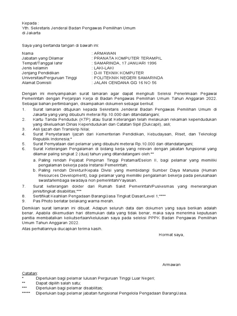 Lampiran X - Surat Lamaran PPPK Teknis Ta 2022 | PDF