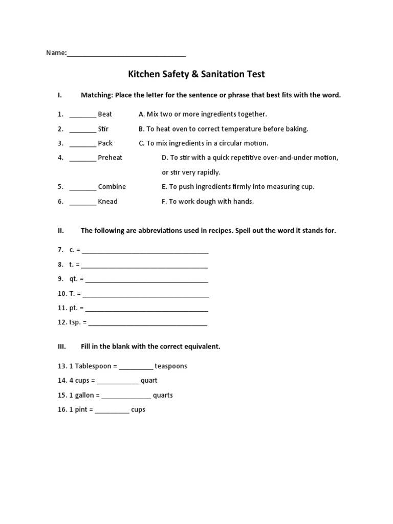Kitchen Safety & Sanitation Test Guide | PDF | Teaspoon | Cooking