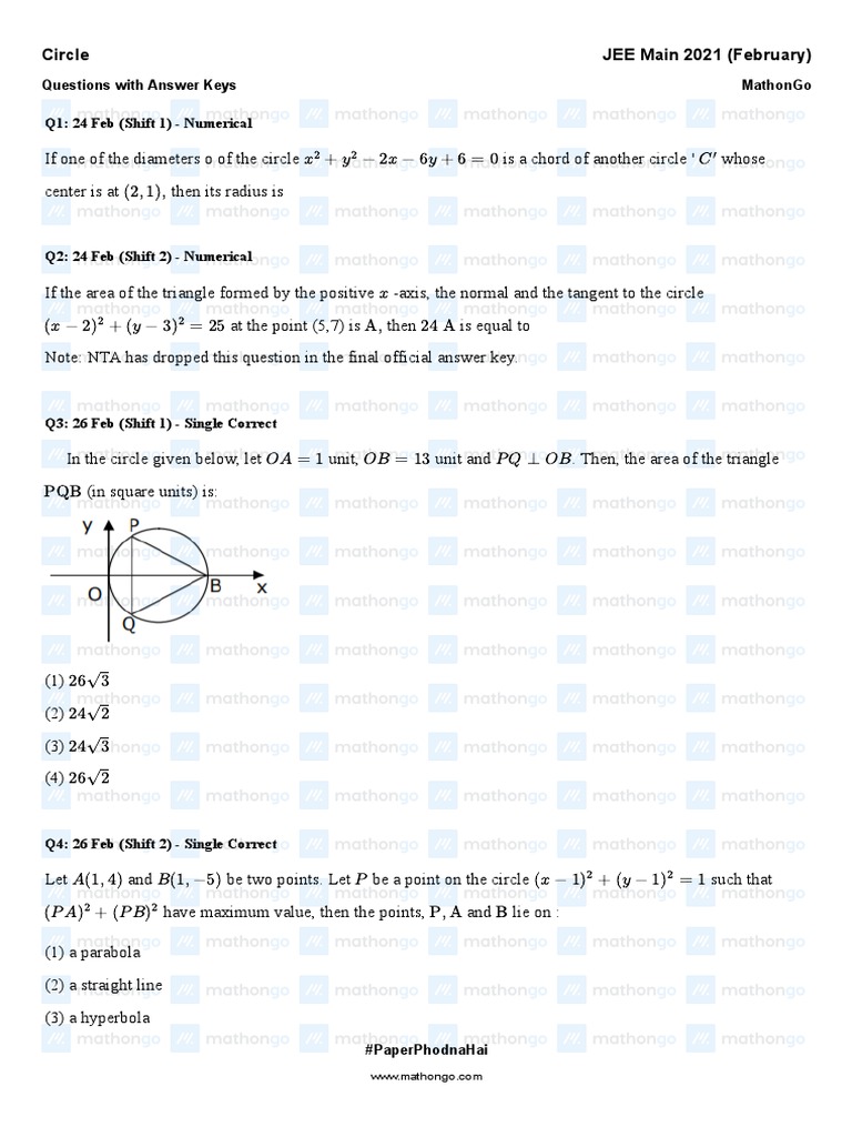 Question of Circle From JEE Main 21 - Feb | PDF | Circle | Geometry