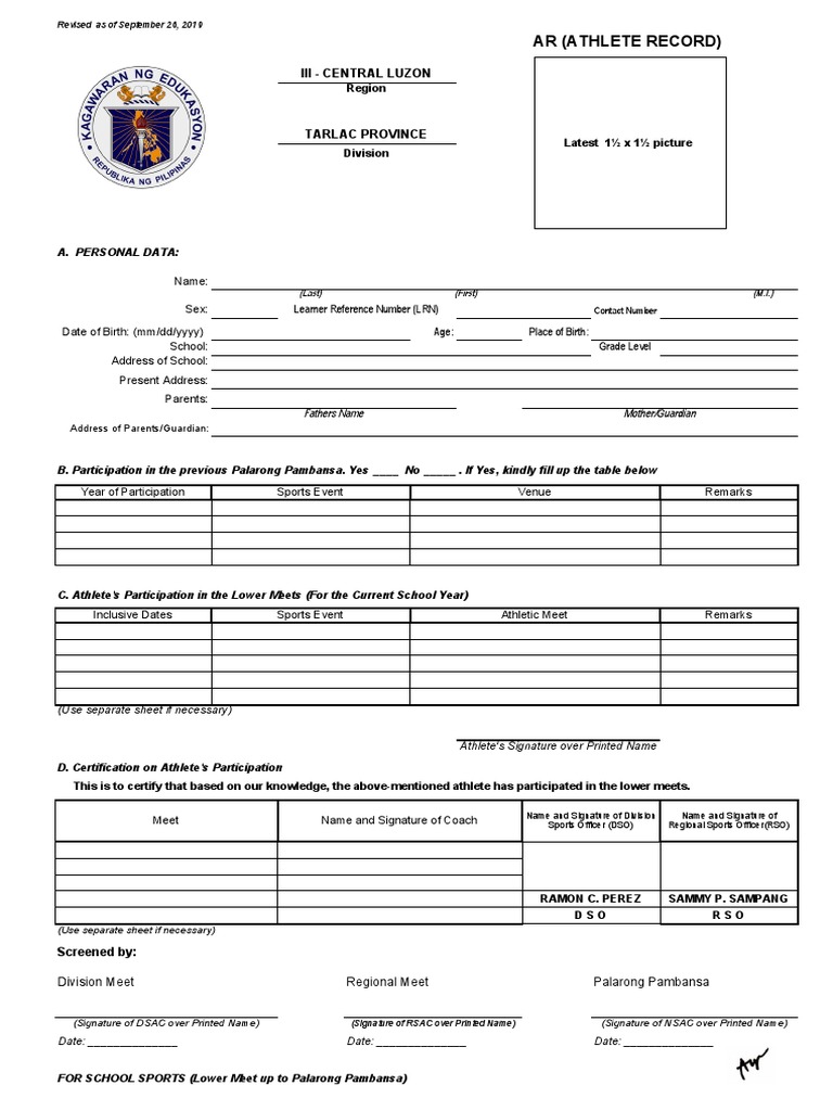 Athlete Record Form for Palarong Pambansa | PDF