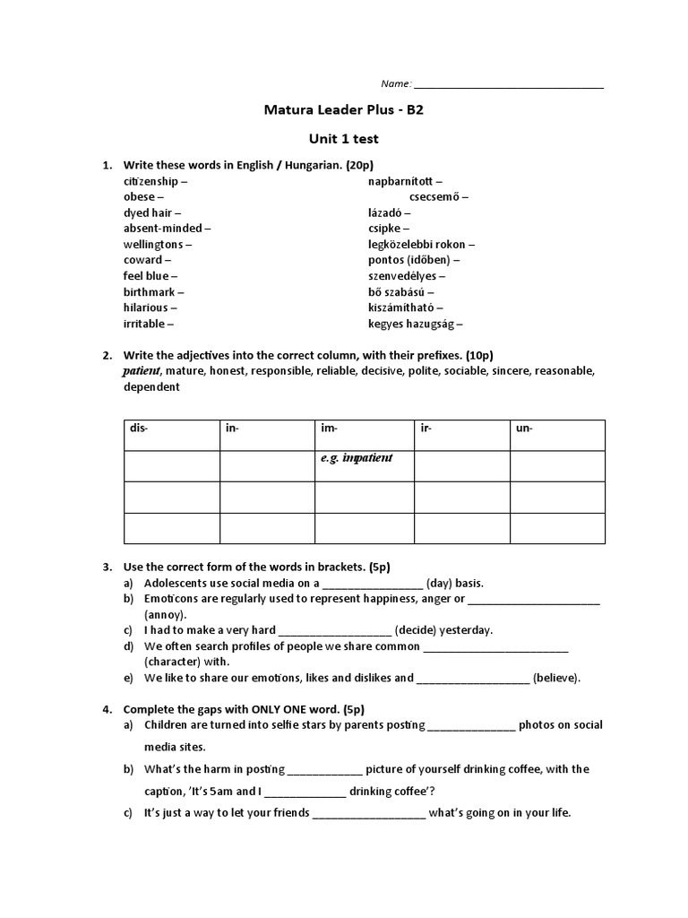 Matura Leader Plus B2 Unit 1 Test | PDF | Cognitive Science ...