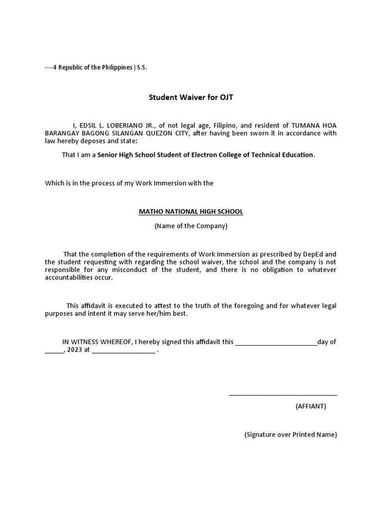 Student Waiver for OJT at Electron College | PDF | Social Science
