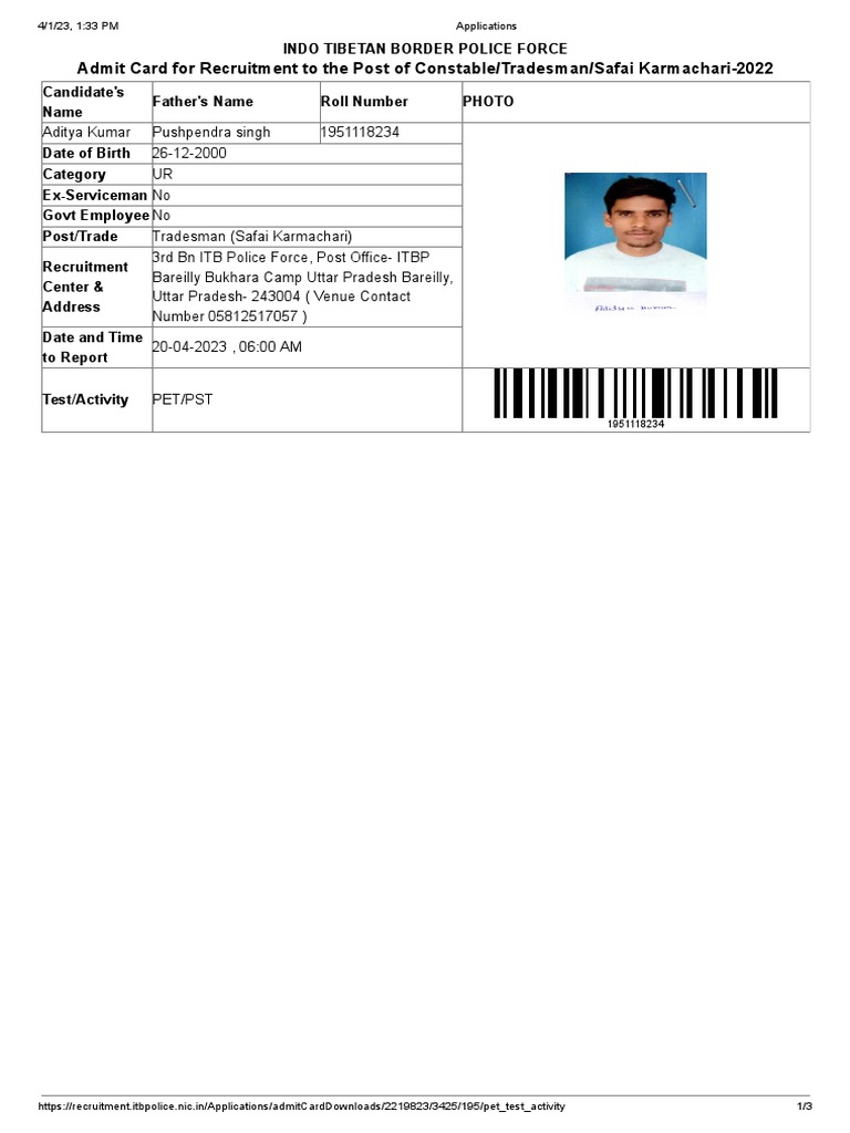 ITBP Constable/Tradesman Admit Card 2022 | PDF | Finance & Money Management