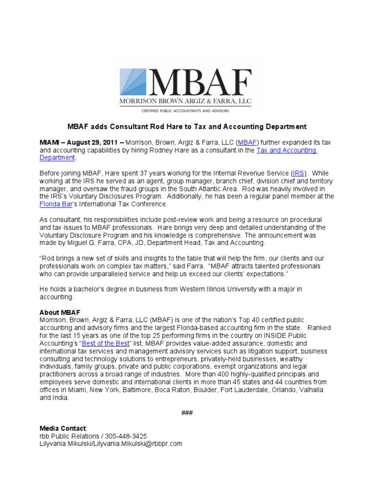 MBAF Hires Rod Hare as Tax Consultant | PDF