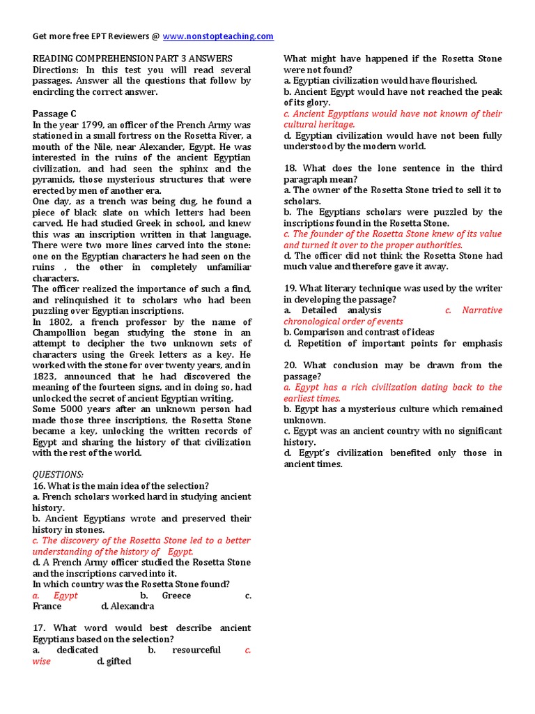 Reading Comprehension Test Part 3 Answers | PDF | Ancient Egypt | Epigraphy
