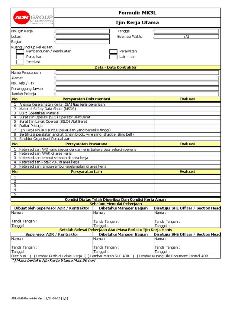 ADR-SHE-Form-016 (Ijin Kerja Utama) | PDF