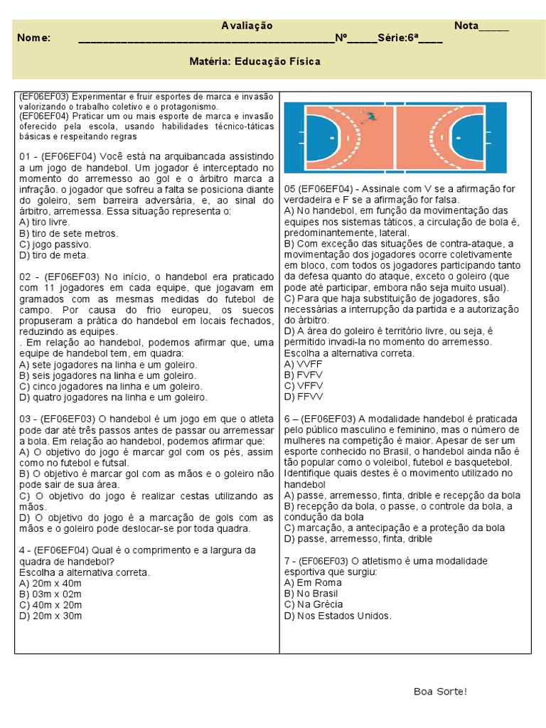 Avaliação Educacao Fisica 6 Ano | PDF | Futebol | Esportes atléticos