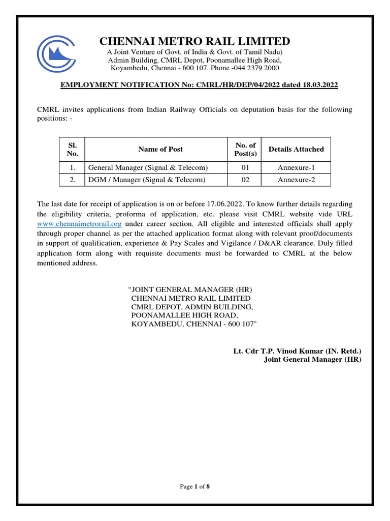 Employment Notification - CMRL-HR-DEP-04-2022 Dated 18-03-2022 | PDF ...