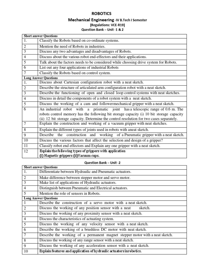 Robotics Unit 1 & 2 Question Bank PDF Robotics Electric Motor