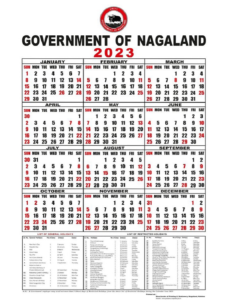 2023 Calendar of Nagaland PDF