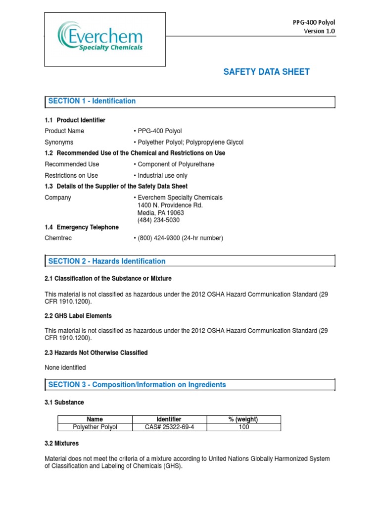 Everchem PPG 400 Polyol SDS PDF Toxicity Firefighting