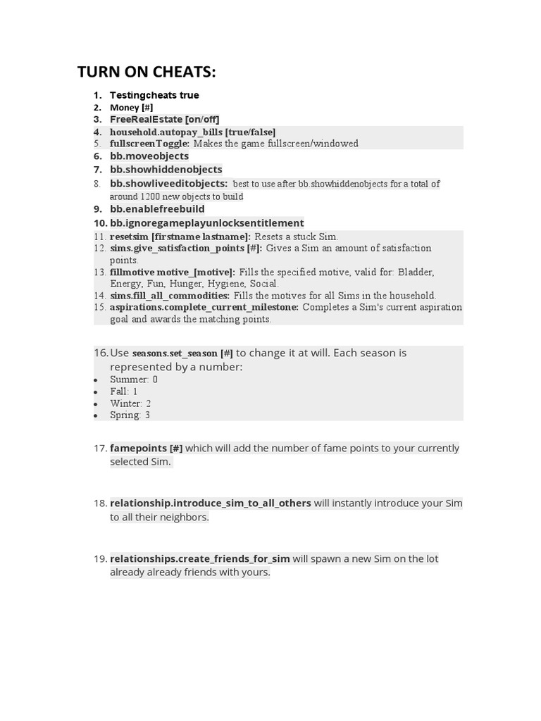 Sims 4 Commands PDF