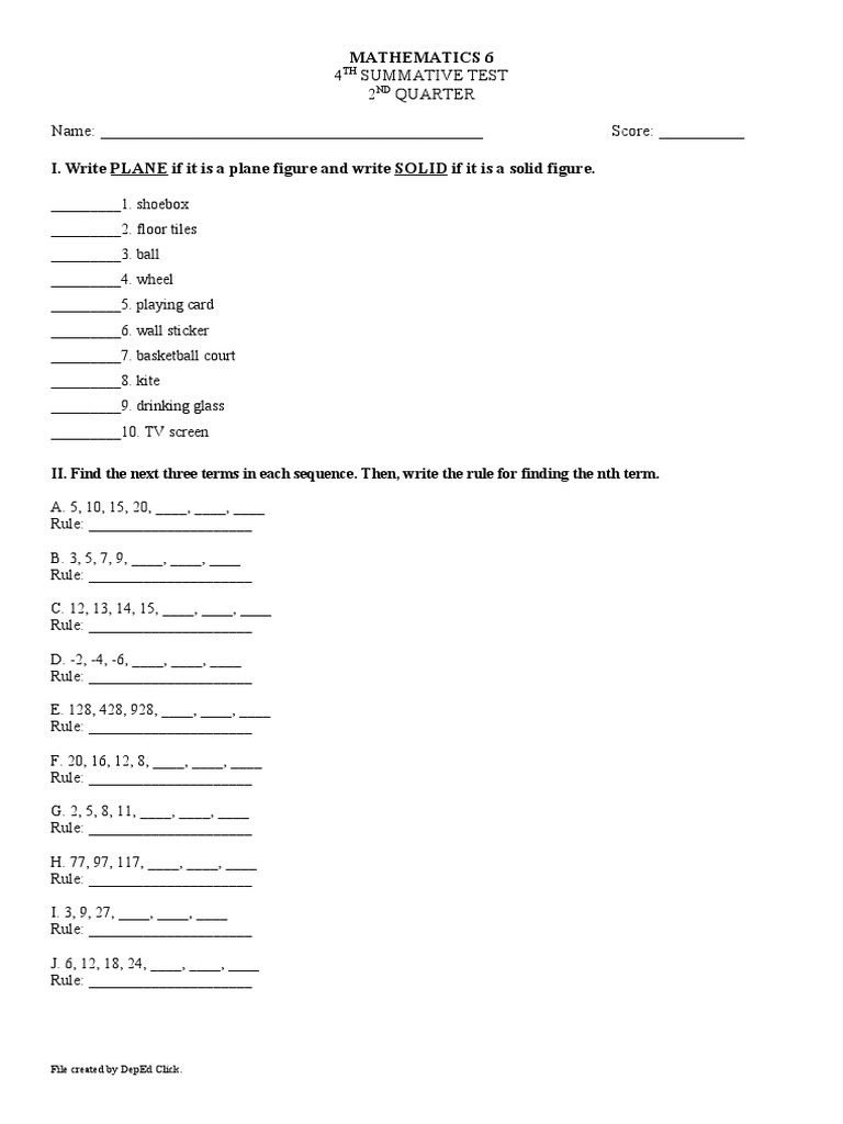 MATH6 Summative Test | PDF