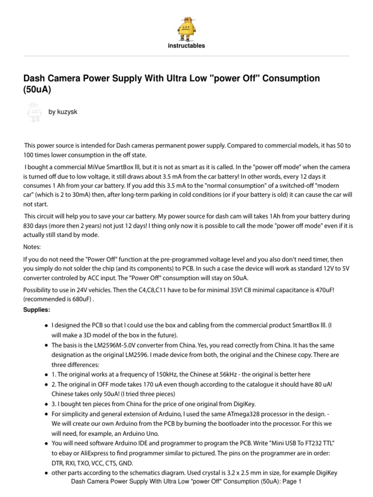 Dash Camera Power Supply With Ultra Low Power Off PDF Arduino