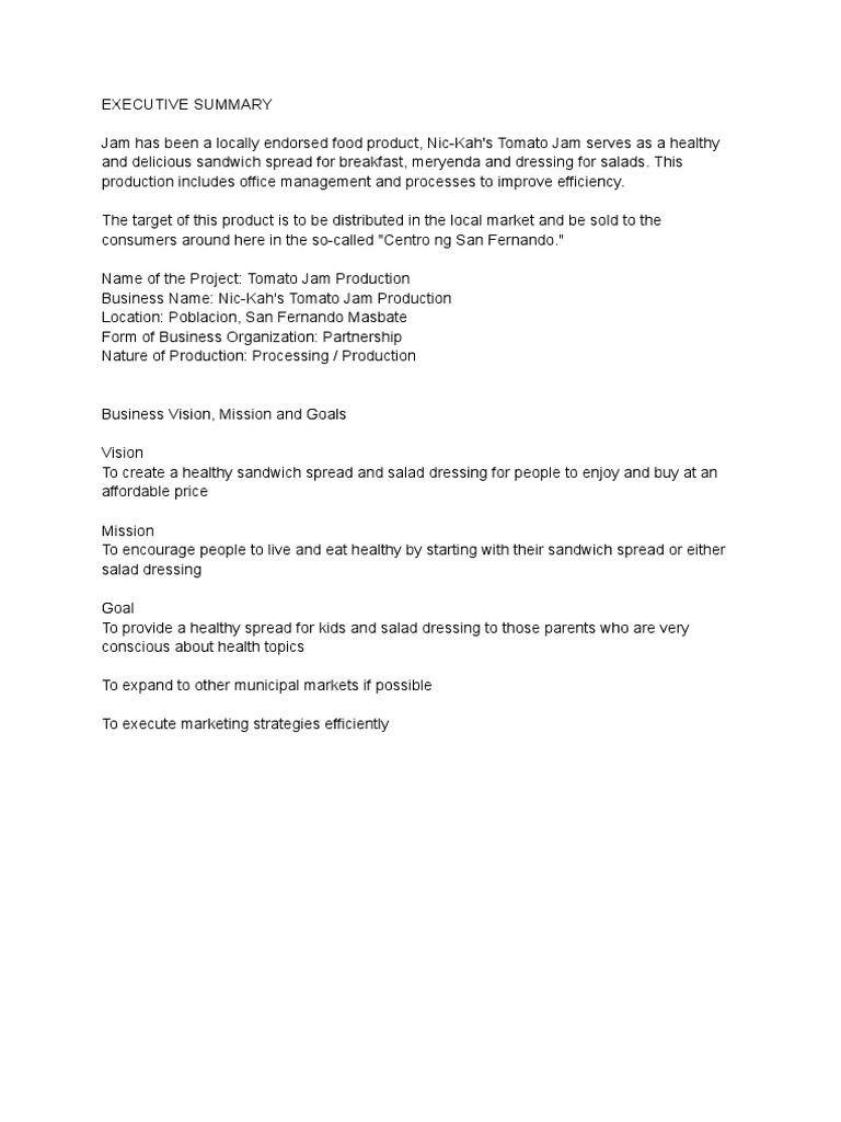 Expanding Locally NicKah's Tomato Jam Production Business Plan to