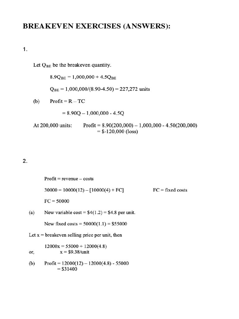 Breakeven Analysis Exercises and Solutions | PDF | Business | Private ...