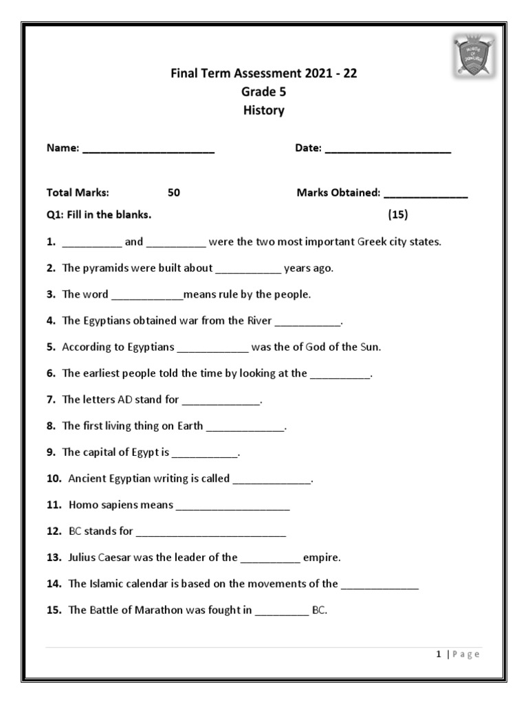 Grade 5 History Assessment Worksheet | PDF | Ancient Egypt | Ancient Greece