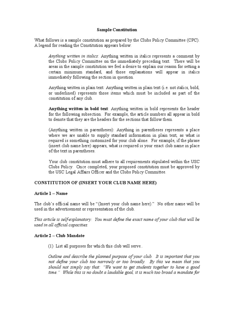 Sample Constitution For Clubs PDF Impeachment Constitutional