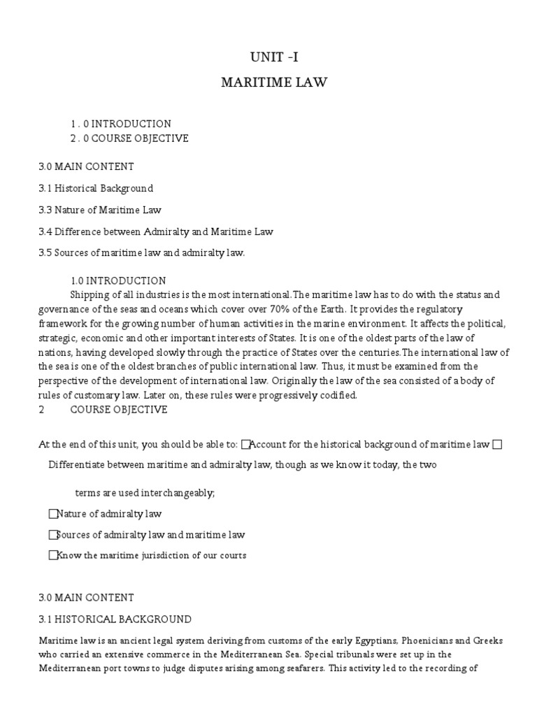 Unit I Maritime Law PDF Admiralty Law Jurisdiction