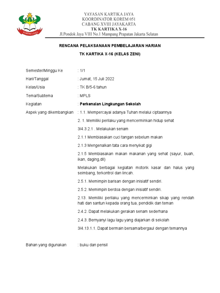 RPP Harian PAUD Kelas TK B MPLS | PDF