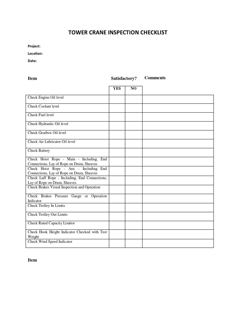 Tower Crane Inspection Checklist | PDF