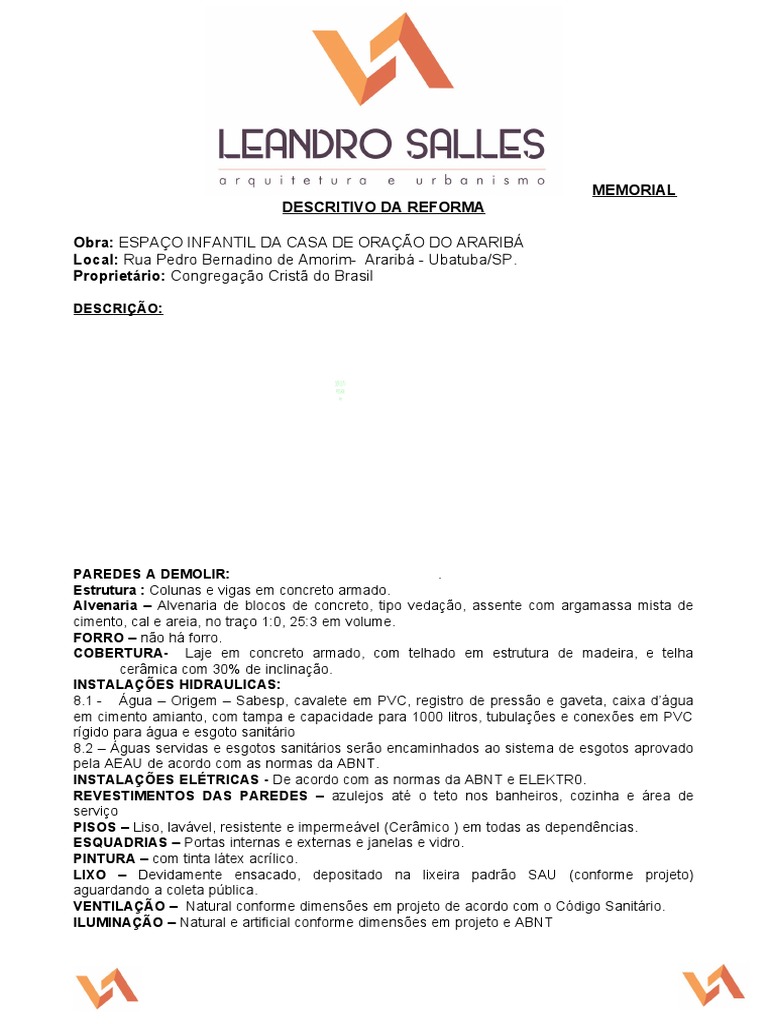 Memorial Descritivo de Construção - Angel | PDF